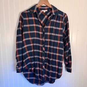 Knox Rose Teal & Orange Plaid Tunic Button Down Flannel Women’s Size Medium